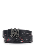 Belt with Logo Buckle Closure on the Front and All-Over Stud Decoration in Black Leather for Men Cow