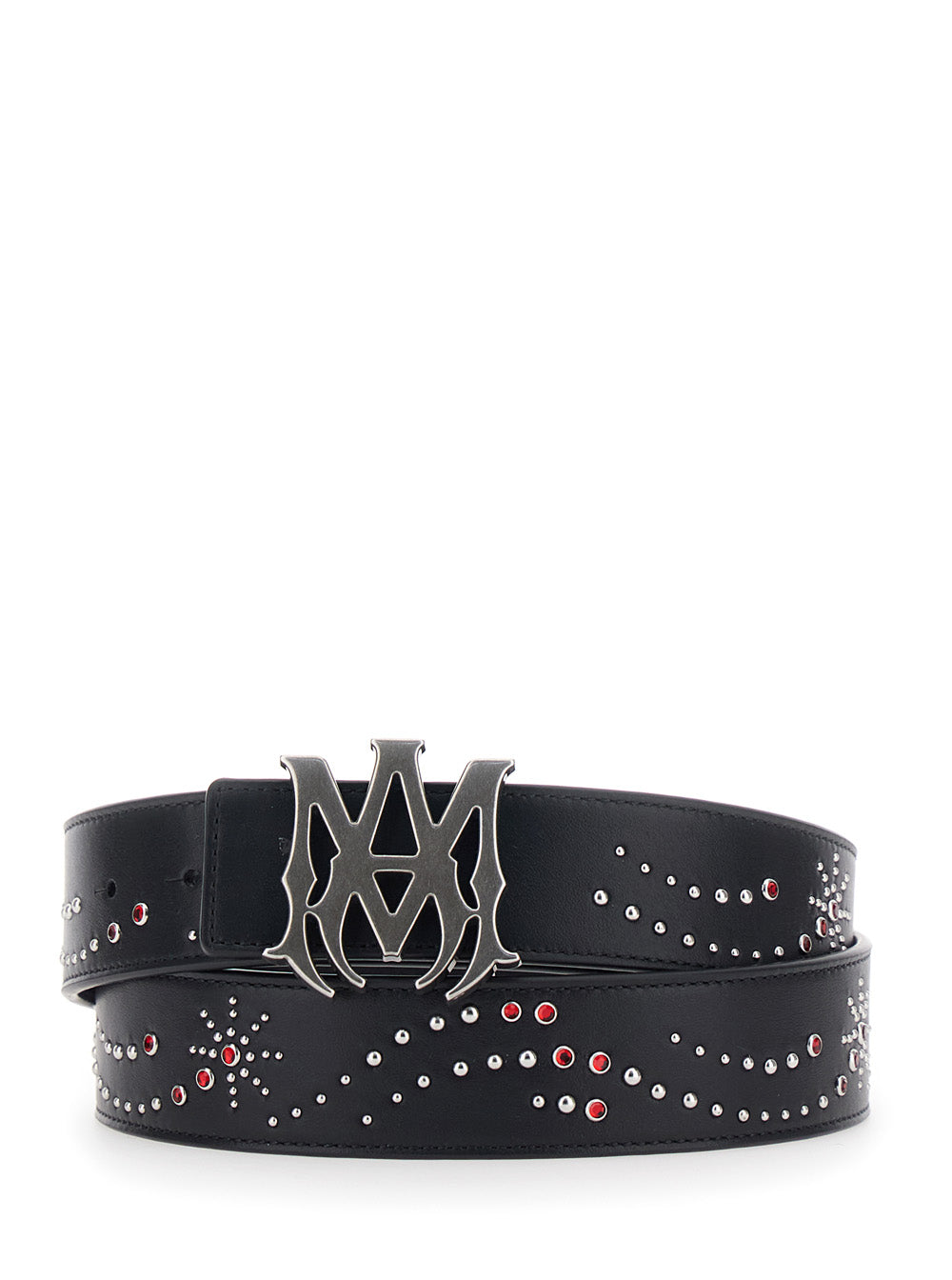 Belt with Logo Buckle Closure on the Front and All-Over Stud Decoration in Black Leather for Men Cow