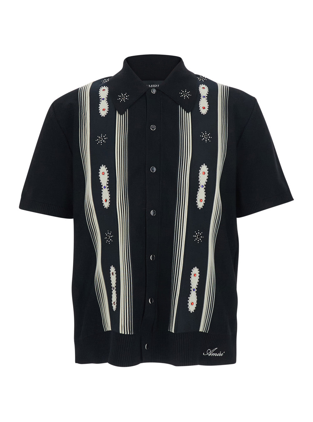 Black Shirt with Pointed Collar and Bead Details on the Front in Cotton Blend Men Blouses