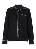 Black Long-Sleeved Shirt with Cuban Collar and Tone-on-Tone Floral Embroidery in Viscose for Men Blouses
