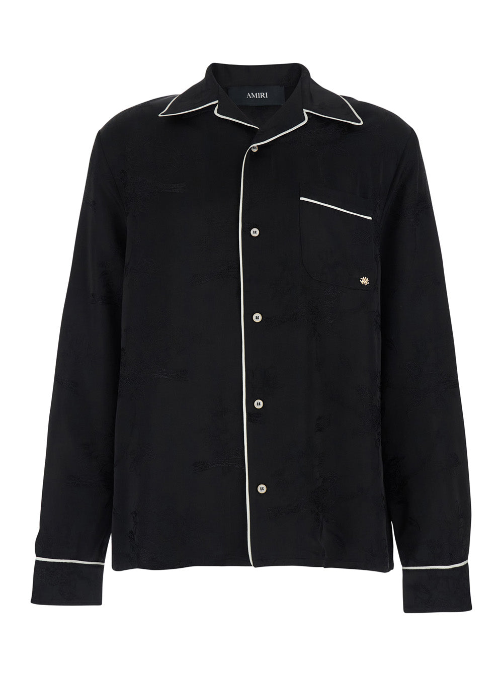 Black Long-Sleeved Shirt with Cuban Collar and Tone-on-Tone Floral Embroidery in Viscose for Men Blouses