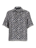 Silk Shirt with All-Over Check Motif and Logo Lettering on the Back Black Men Blouses