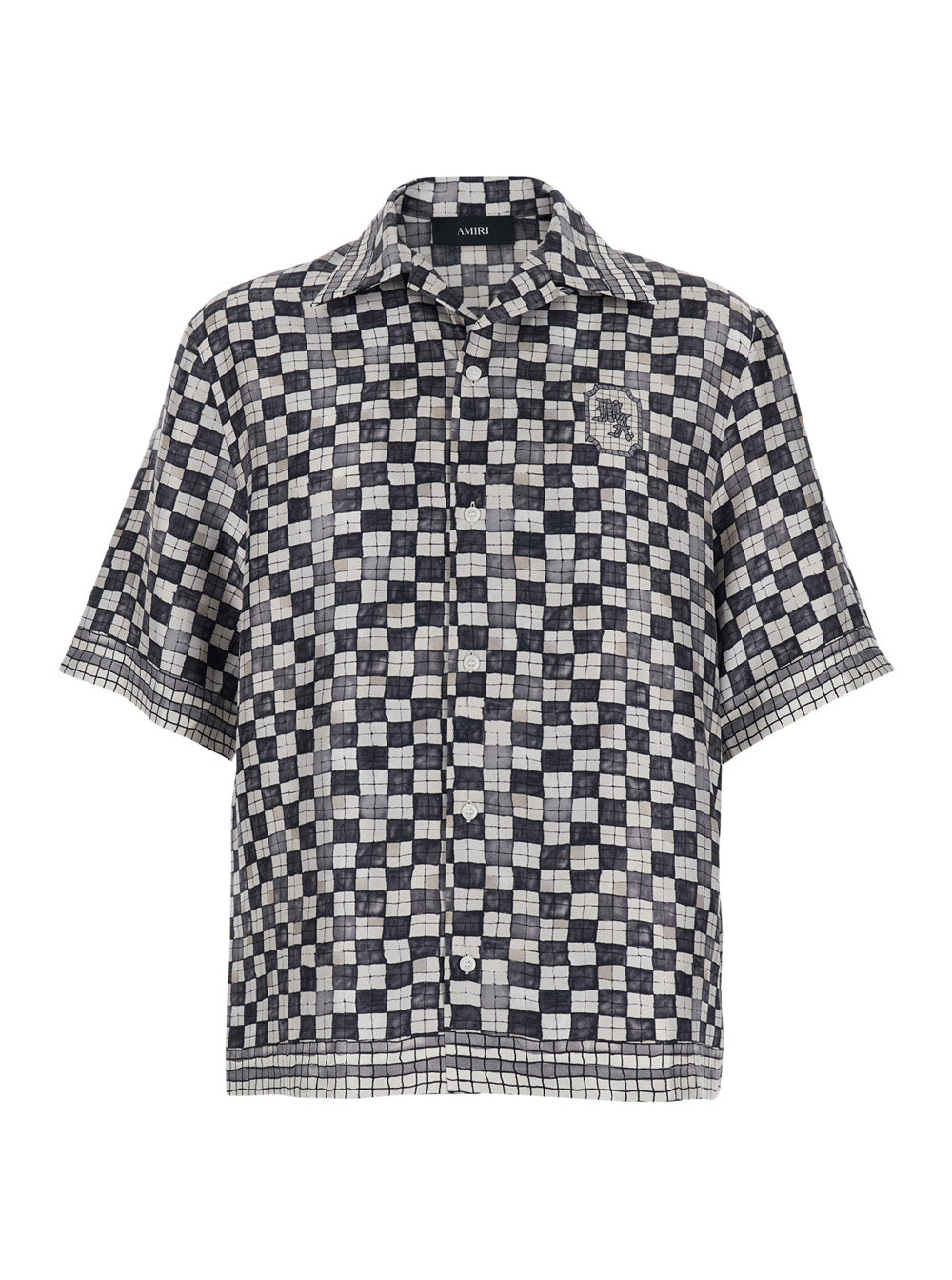 Silk Shirt with All-Over Check Motif and Logo Lettering on the Back Black Men Blouses