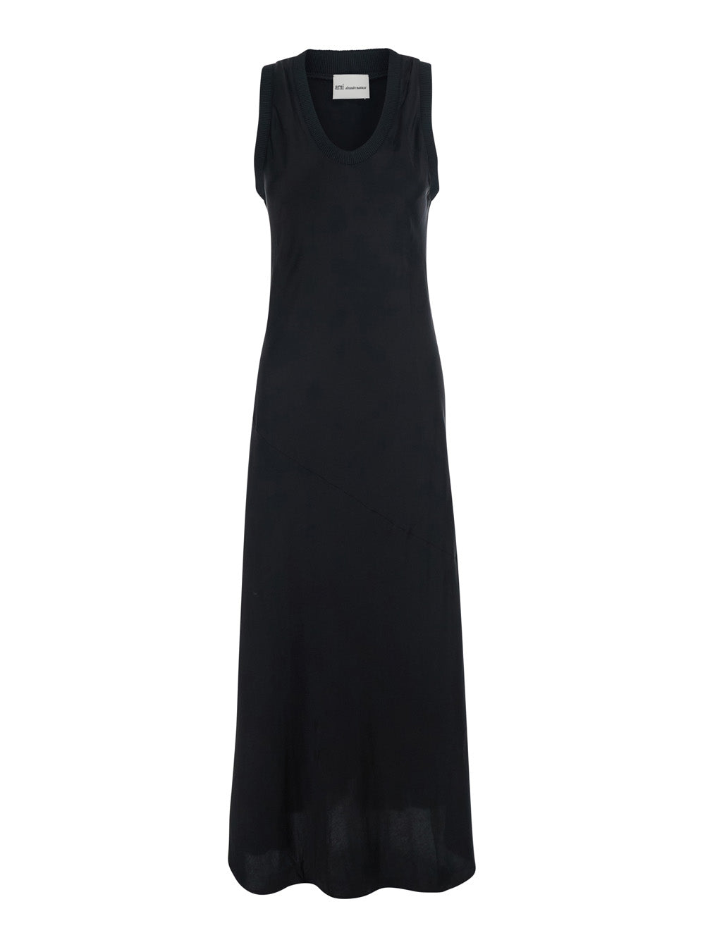 Black Long Dress With Round Neckline And Ribbed Details Viscose Woman