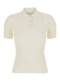 White Polo Shirt With Ribbed Knit In Viscose Blend For Women Tshirts And