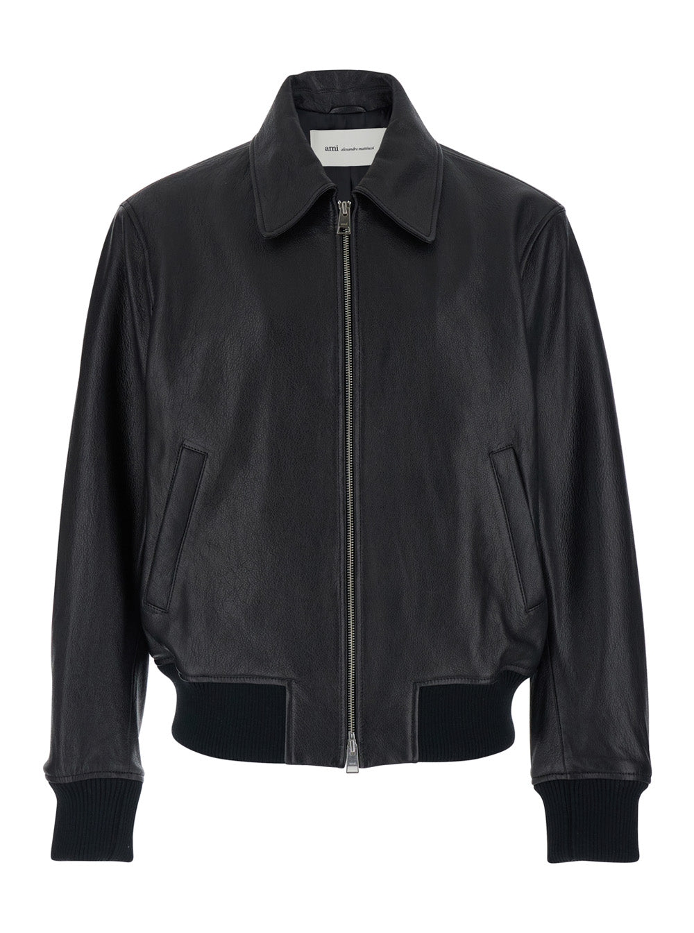 Black Jacket with Front Zip Closure and Long Sleeves in Leather Man Lamb Outerwear