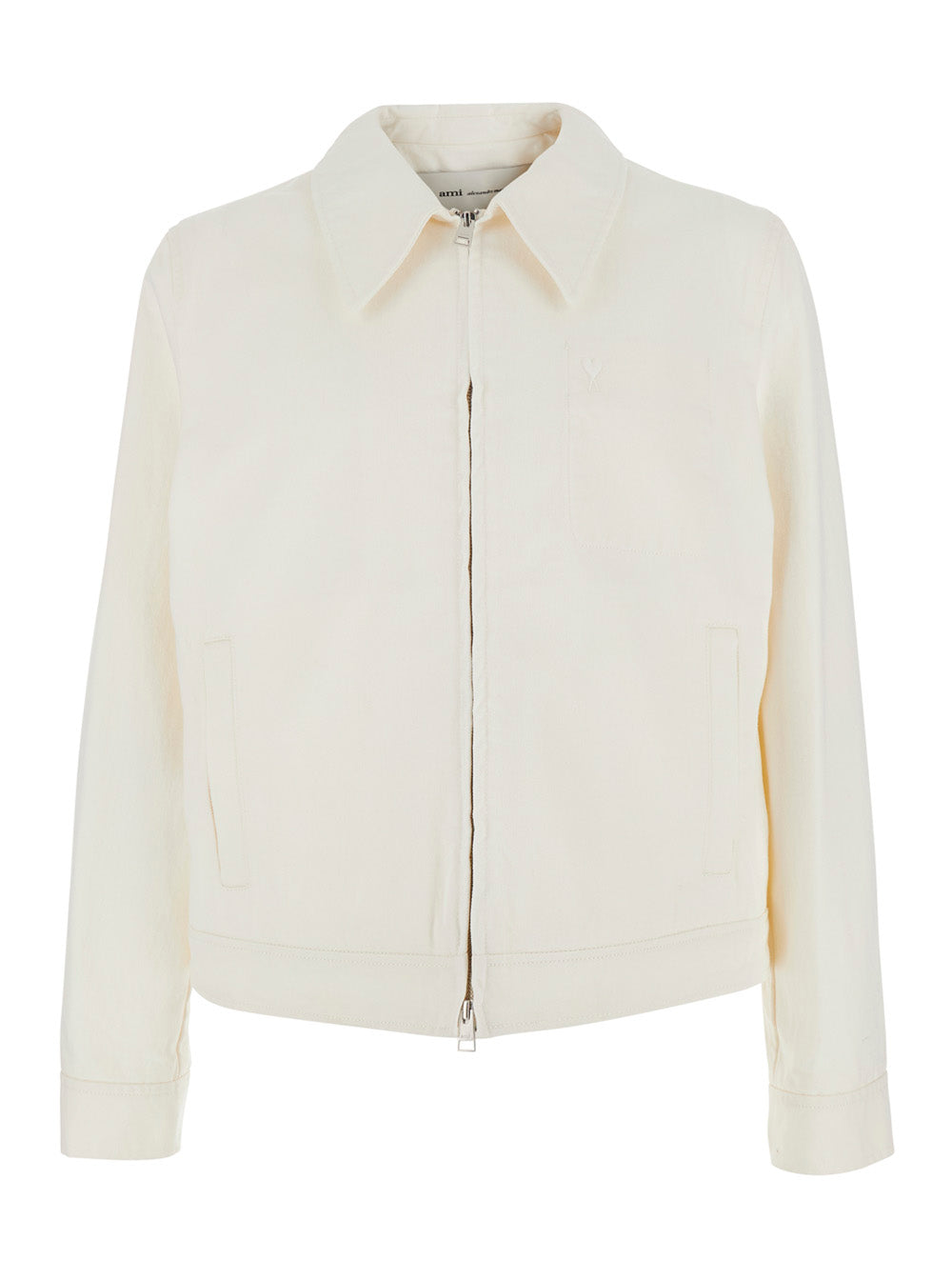 White Jacket with Classic Collar and Tone-on-Tone ADC Embroidery on the Front in Fabric for Men Outerwear