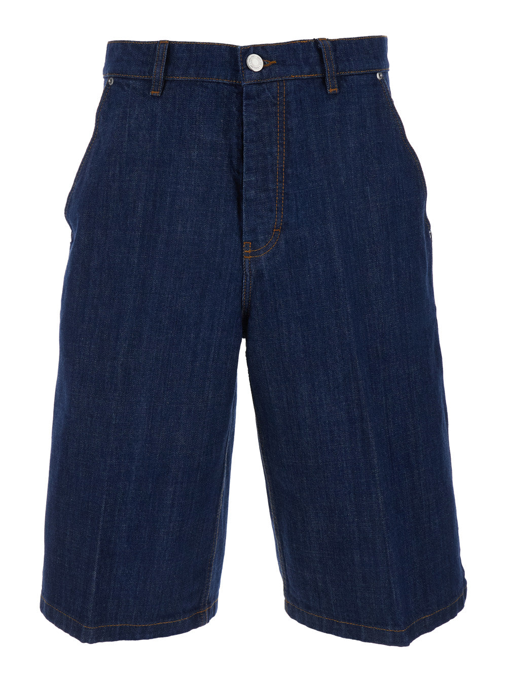 Blue Five-pocket Bermuda with logo patch on the back in denim for men Blu Shorts And