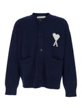 Blue Crew Neck Cardigan with Contrasting ADC Logo in Wool and Cotton Blend for Men Blu Jersey
