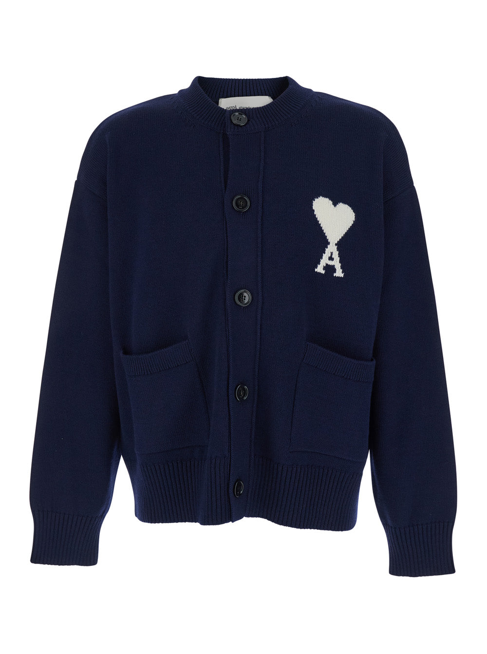 Blue Crew Neck Cardigan with Contrasting ADC Logo in Wool and Cotton Blend for Men Blu Jersey