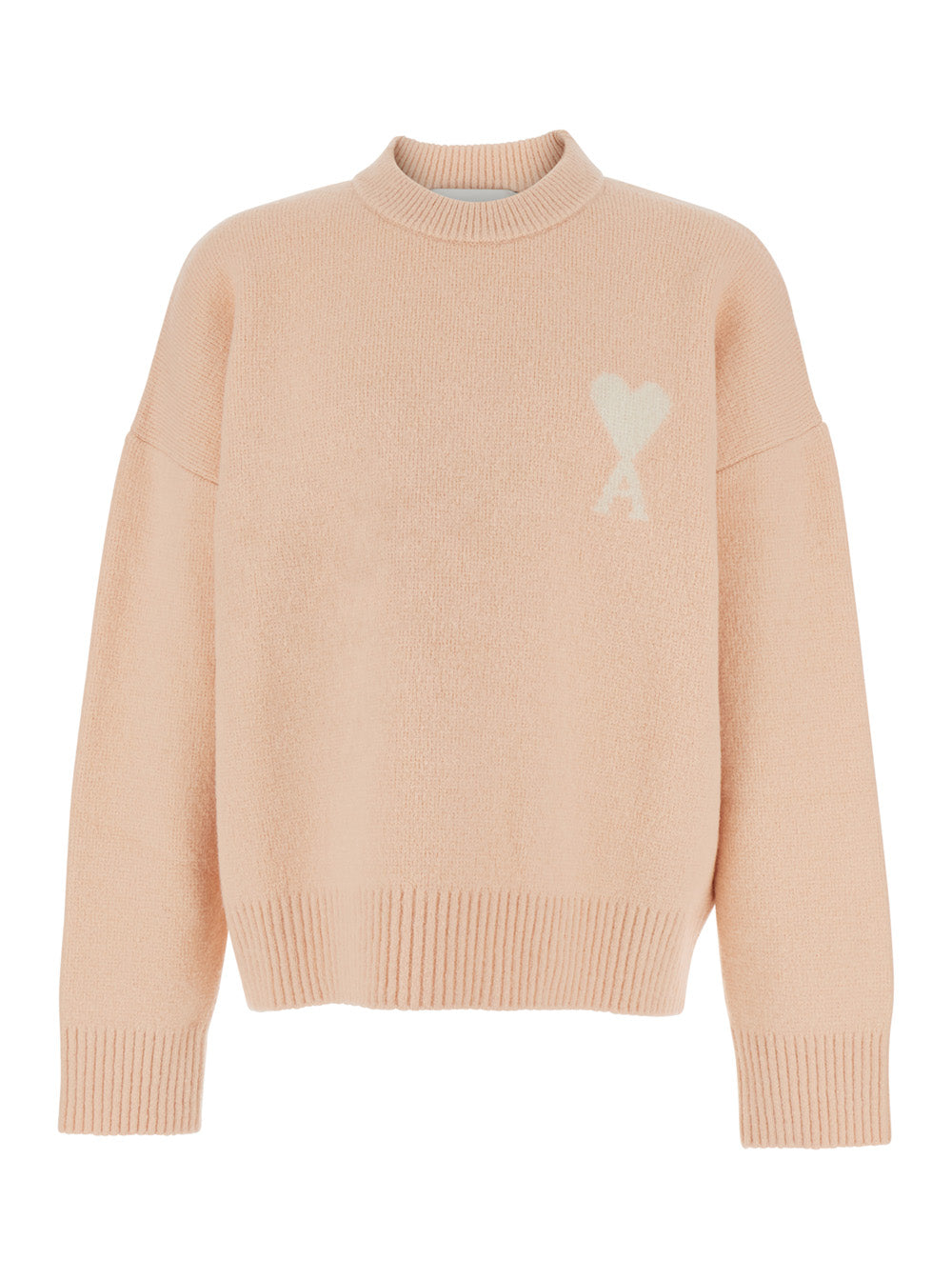 Pink Crew Neck Sweater with Dropped Shoulders and ADC Embroidery on the Front in Wool Blend Man Jersey