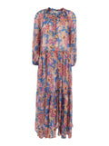 Multicolor Long Caftan Round Neck with Balloon Sleeves and All-Over Floral Print in Silk Blend for Women Cotton Beachwear