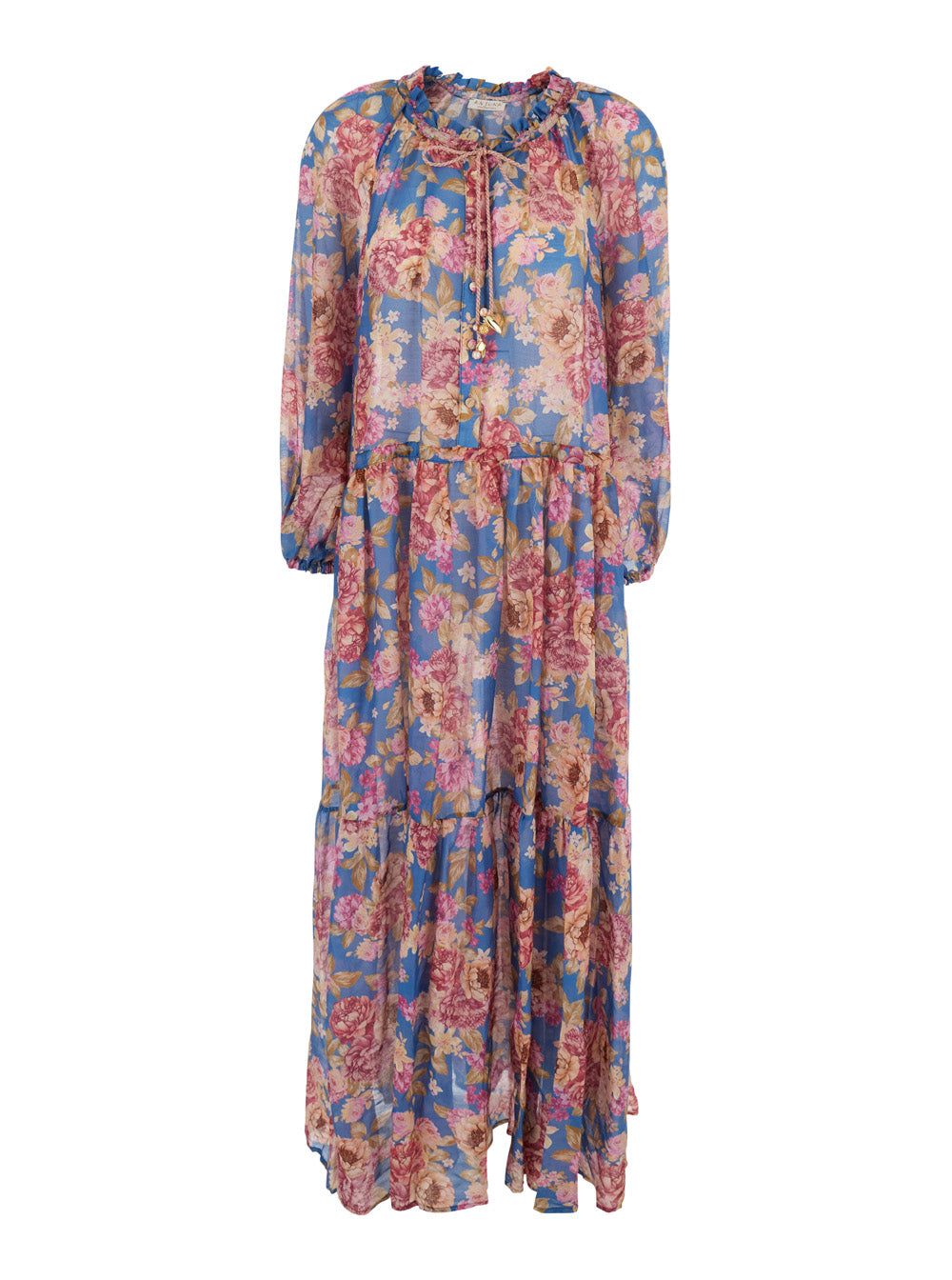 Multicolor Long Caftan Round Neck with Balloon Sleeves and All-Over Floral Print in Silk Blend for Women Cotton Beachwear