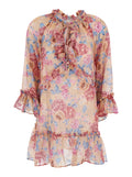 Multicolor Short Kaftan Dress with Ruffled Sleeves and All-Over Floral Motif in Silk Blend for Women Cotton Beachwear