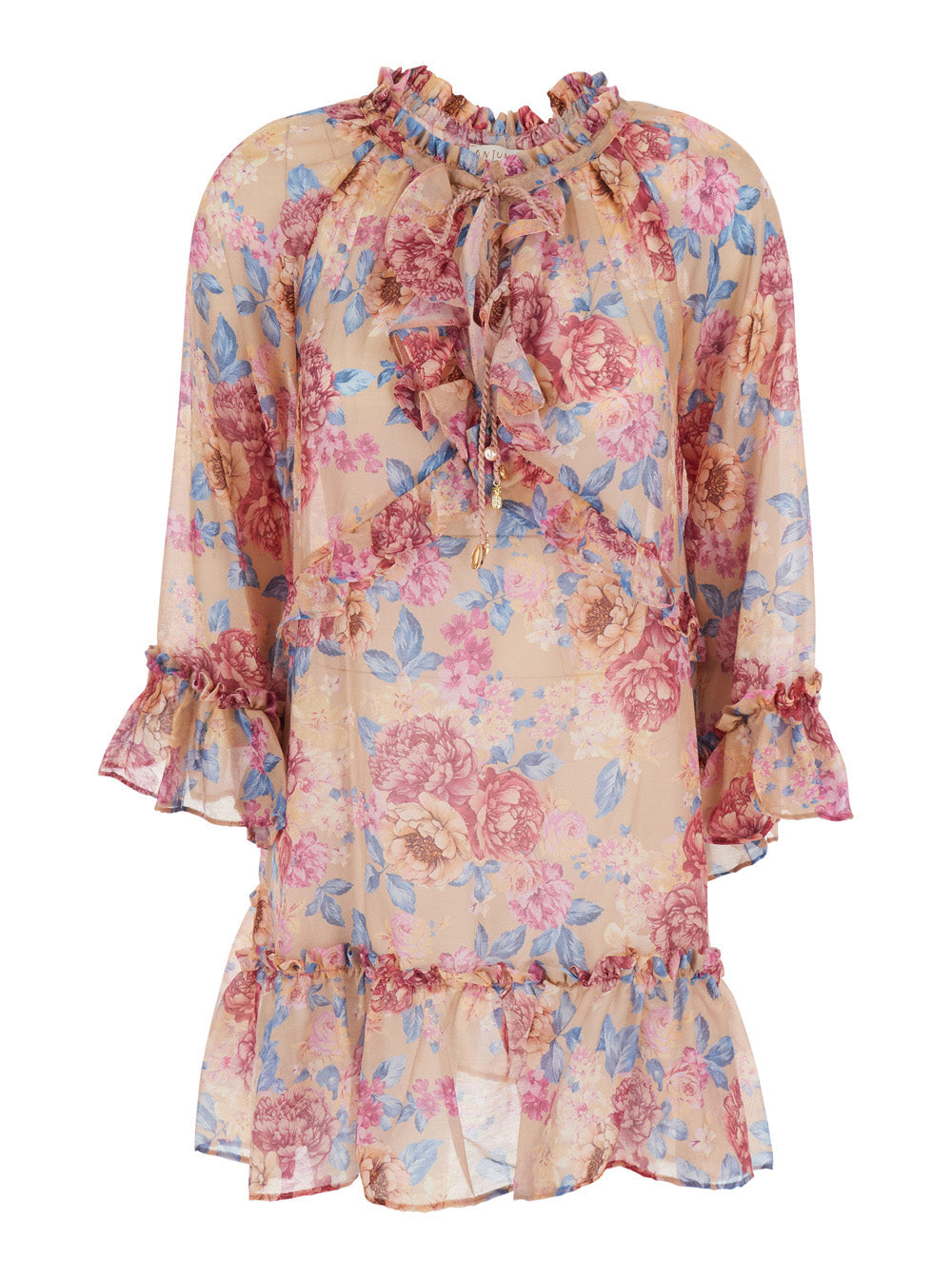 Multicolor Short Kaftan Dress with Ruffled Sleeves and All-Over Floral Motif in Silk Blend for Women Cotton Beachwear