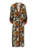 Kimono Long Dress - With Wide Sleeves And Floral Motif Viscose Multicolor Women Beachwear