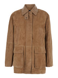 Kaylee Brown Jacket with Foldable Collar Button and Patch Pockets on the Front in Suede for Women Lamb Outerwear
