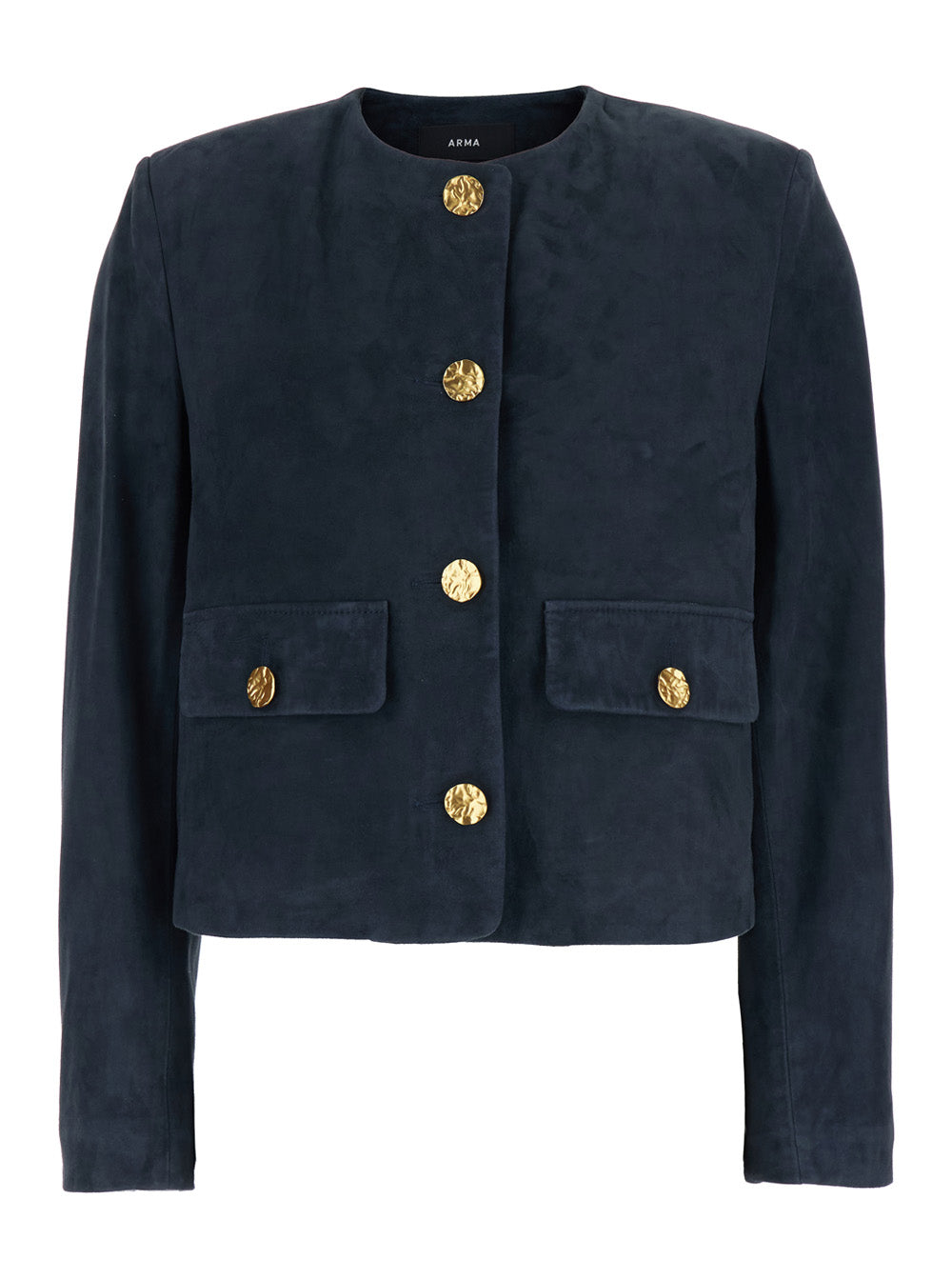 Lorenne Blue Jacket with Round Neck and Applied Pockets on the Front in Suede for Women Blu Goat Outerwear