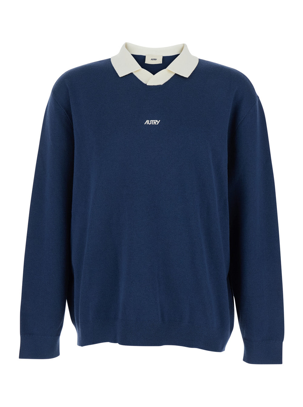 Blue Polo Shirt with Contrast Collar and Logo on Front in Cotton Blend Man Blu Jersey