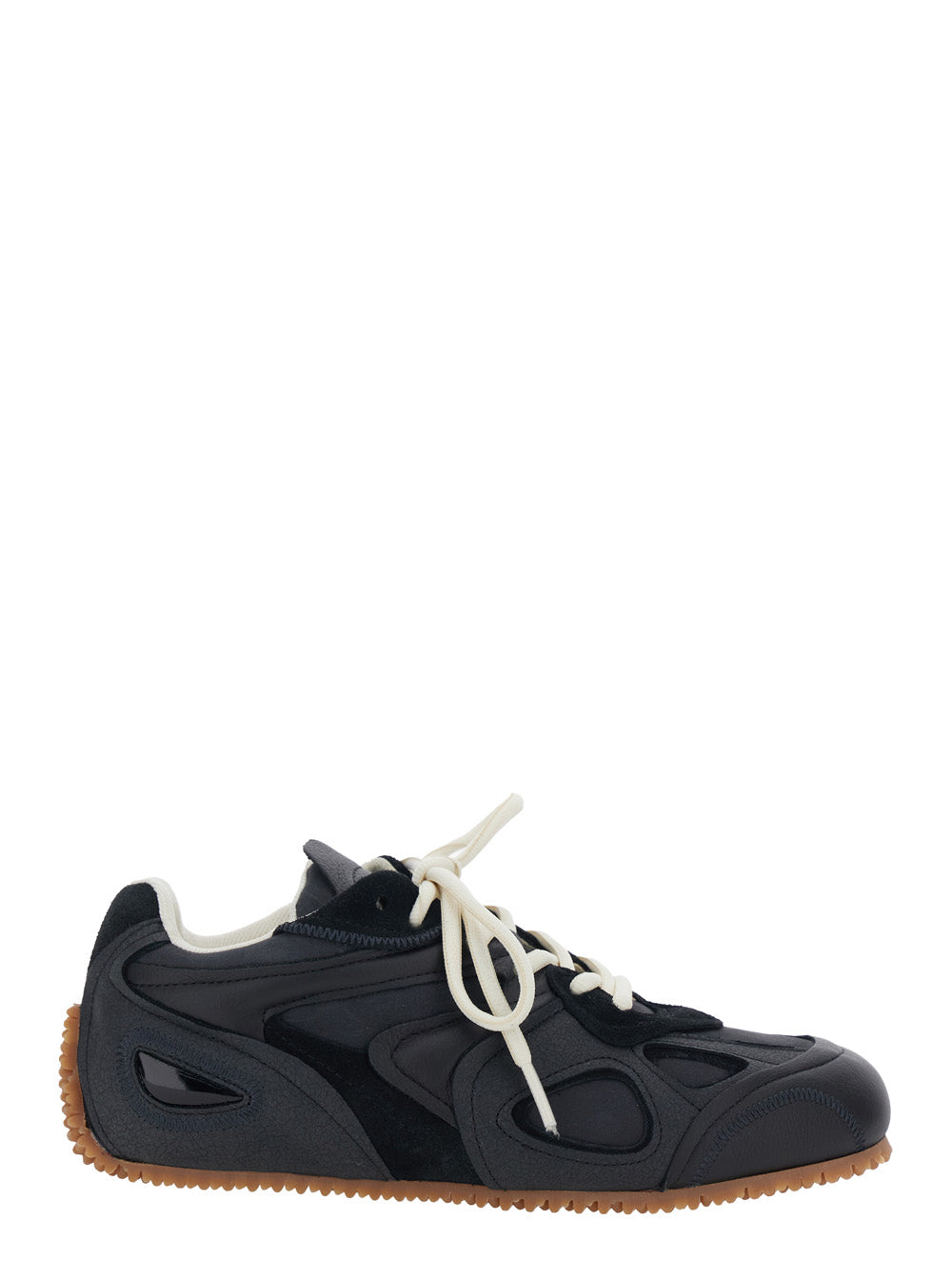 Sneaker Slow Runner with Insert Design and Grooved Sole in Black Leather Suede for Women Nubuck