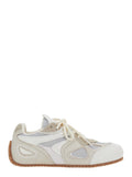 Sneaker Slow Runner with Mesh Inserts and Grooved Sole in Leather Fabric White Beige Women