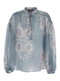 Blue Shirt with Drawstring Closure and All-Over Print in Fabric for Women Blu Glass Ramie Blouses