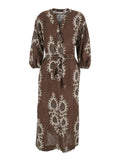 Long Dress with V-neck and All-over Floral Print in Brown for Women Linen