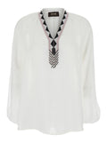 White Cotton V-Neck Shirt for Women Glass Ramie And Blouses