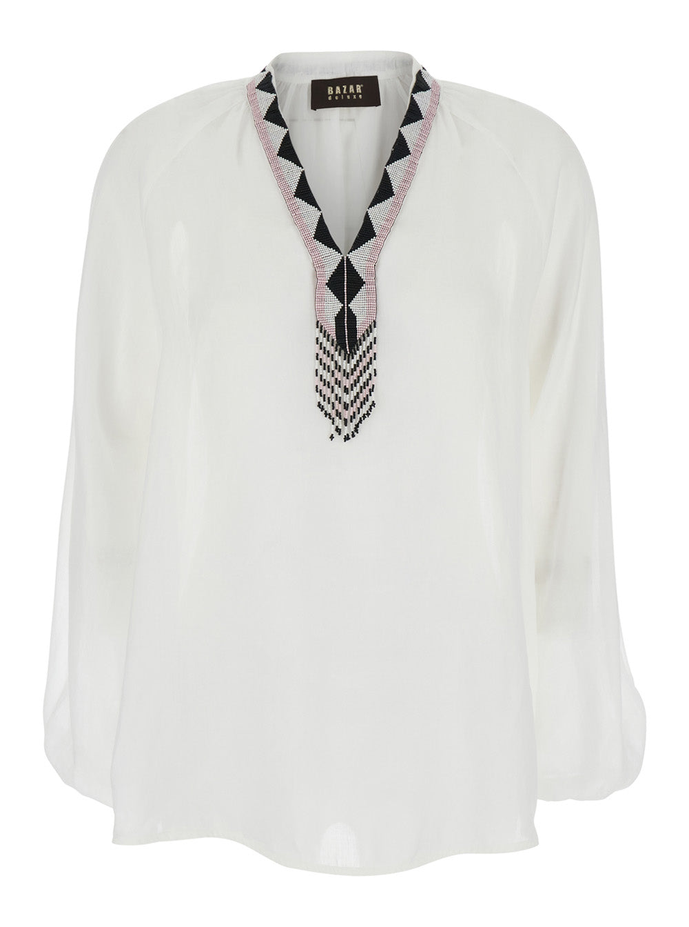 White Cotton V-Neck Shirt for Women Glass Ramie And Blouses