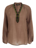 Womens Brown Cotton V-Neck Long Sleeve Shirt Glass Ramie And Blouses