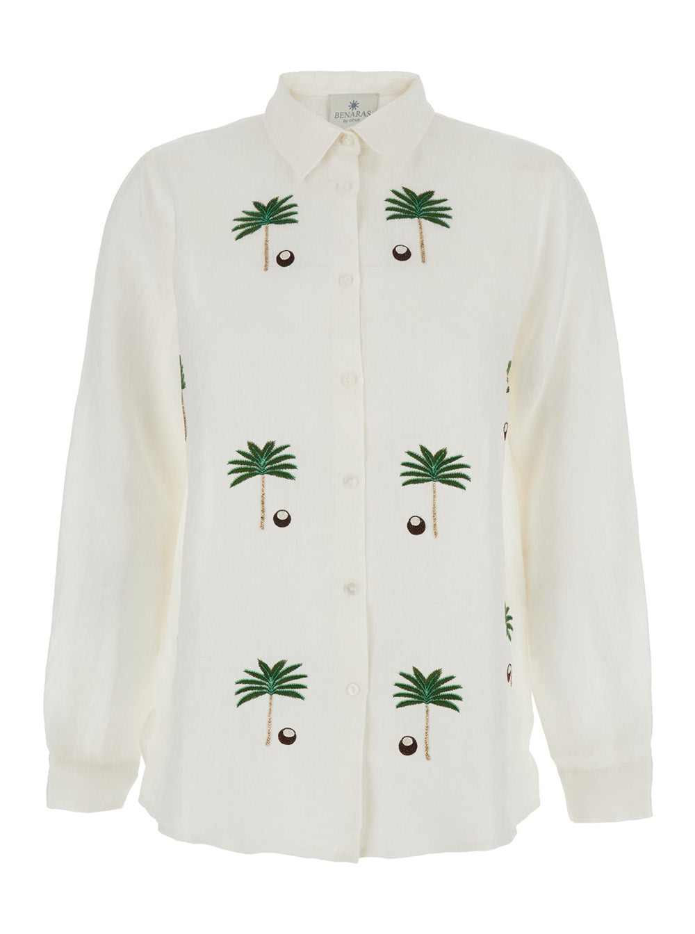 White Coco Palm Shirt with Classic Collar in Linen for Women And Blouses