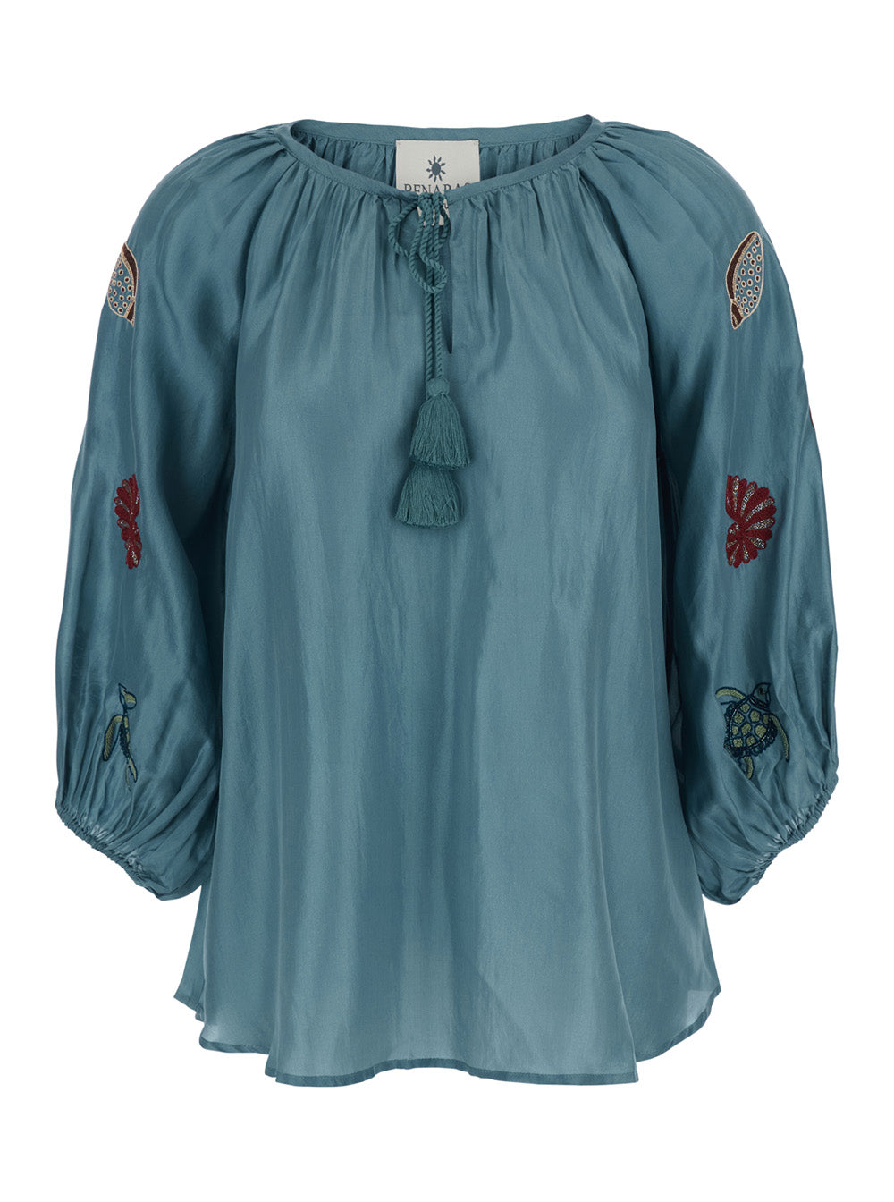 Silk Top with Sea Print and Blue Details Blu Beachwear