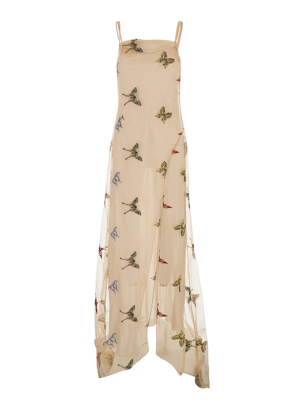 Beige Long Dress EMBROIDERY NET LOOK21 with Embroidered Details in Polyamide and Polyester for Women