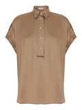 Beige Stretch Silk Button Down Collar Shirt for Women Elastane And Blouses