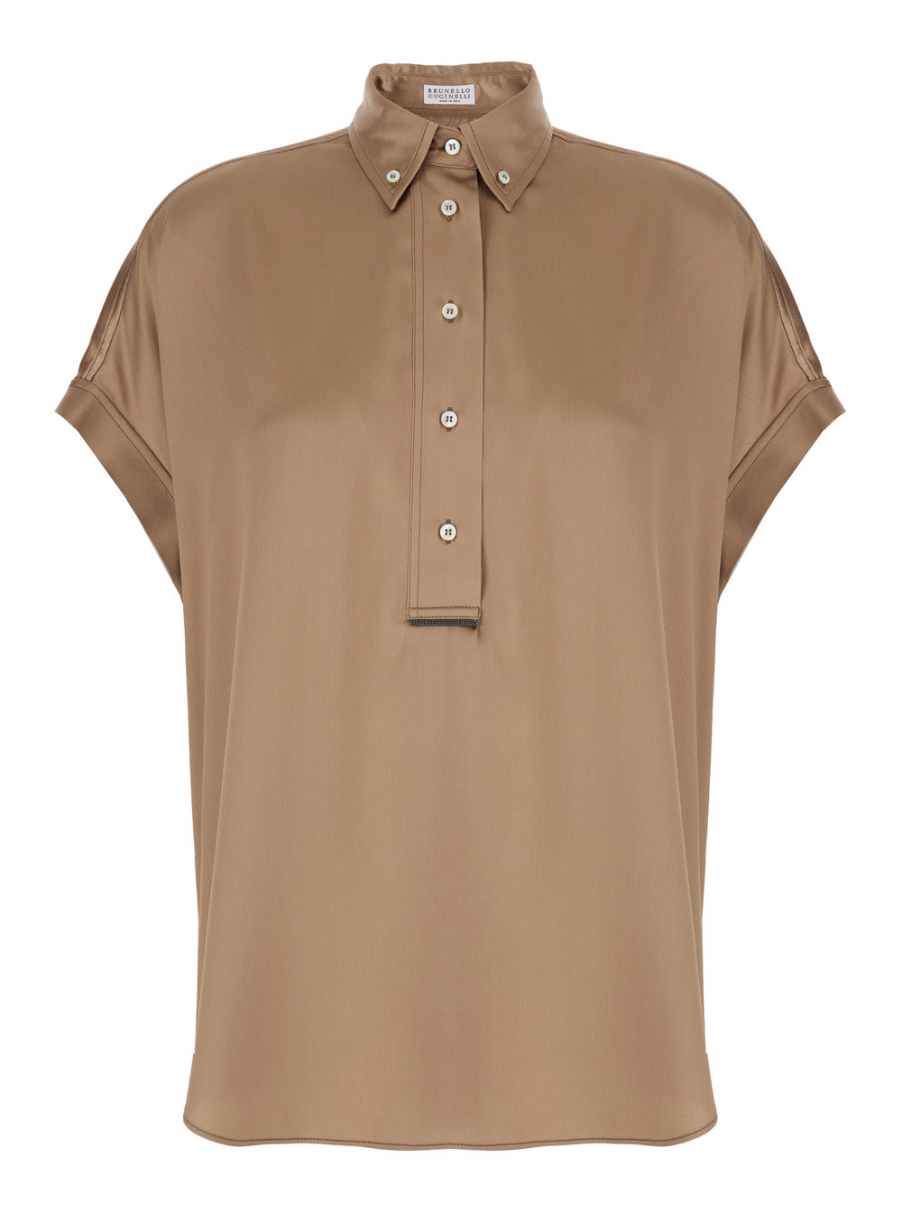 Beige Stretch Silk Button Down Collar Shirt for Women Elastane And Blouses