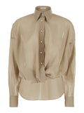 Beige Shirt with Classic Collar and Draping on the Front In Cotton for Women Blouses