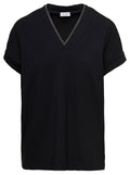 Black T-Shirt with Monile Detail and V-Neck in Stretch Cotton for Women Elastane Tshirts Polo Shirts