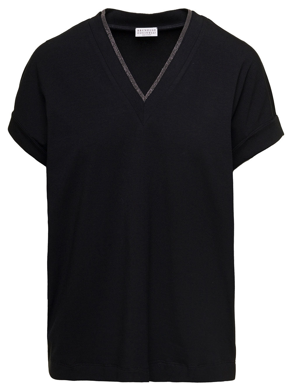 Black T-Shirt with Monile Detail and V-Neck in Stretch Cotton for Women Elastane Tshirts Polo Shirts