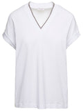 White T-Shirt with Monile Detail and V-Neck in Stretch Cotton for Women Elastane Tshirts Polo Shirts