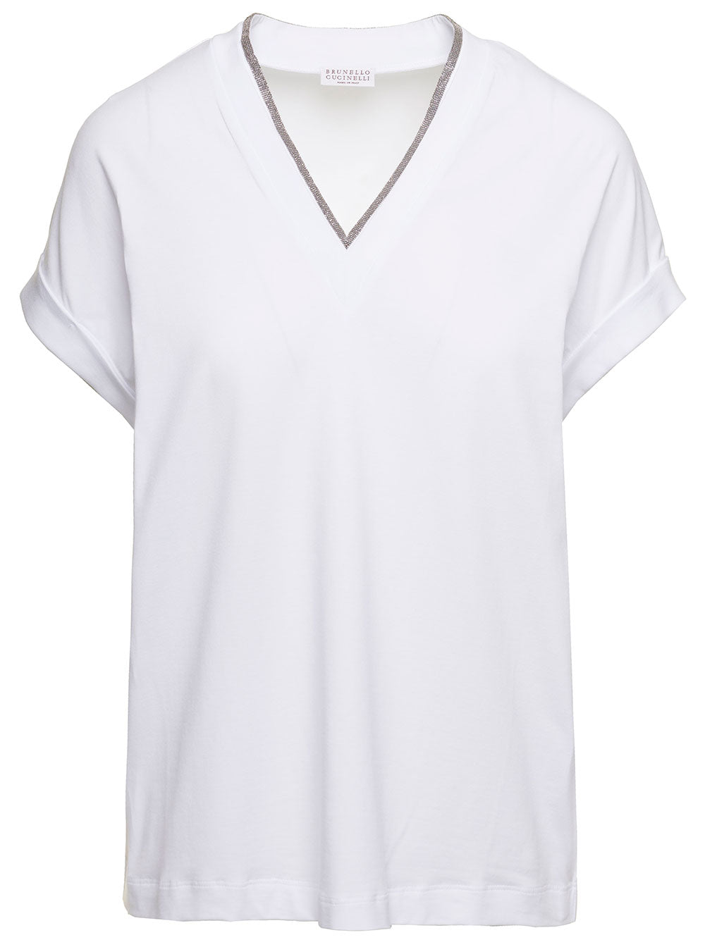 White T-Shirt with Monile Detail and V-Neck in Stretch Cotton for Women Elastane Tshirts Polo Shirts