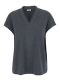 V-Neck T-Shirt with Monile Detail on the Front in Grey Cotton for Women Elastane Tshirts And Polo Shirts