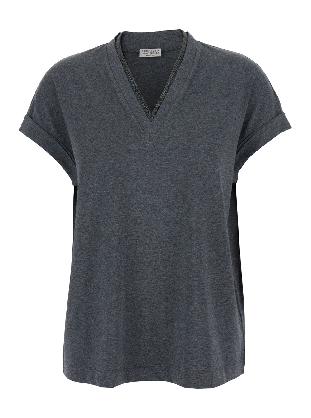 V-Neck T-Shirt with Monile Detail on the Front in Grey Cotton for Women Elastane Tshirts And Polo Shirts