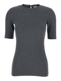 Gray T-Shirt with Round Neck and Three-Quarter Sleeves in Cotton for Women Grey Elastane Tshirts Polo Shirts