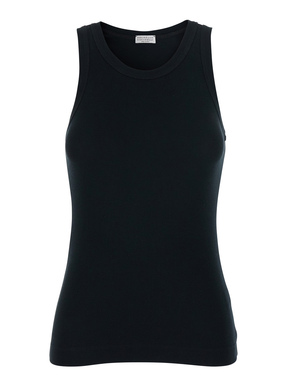 Black Top with Round Neck and Ribbed Design in Cotton Woman Elastane Tops