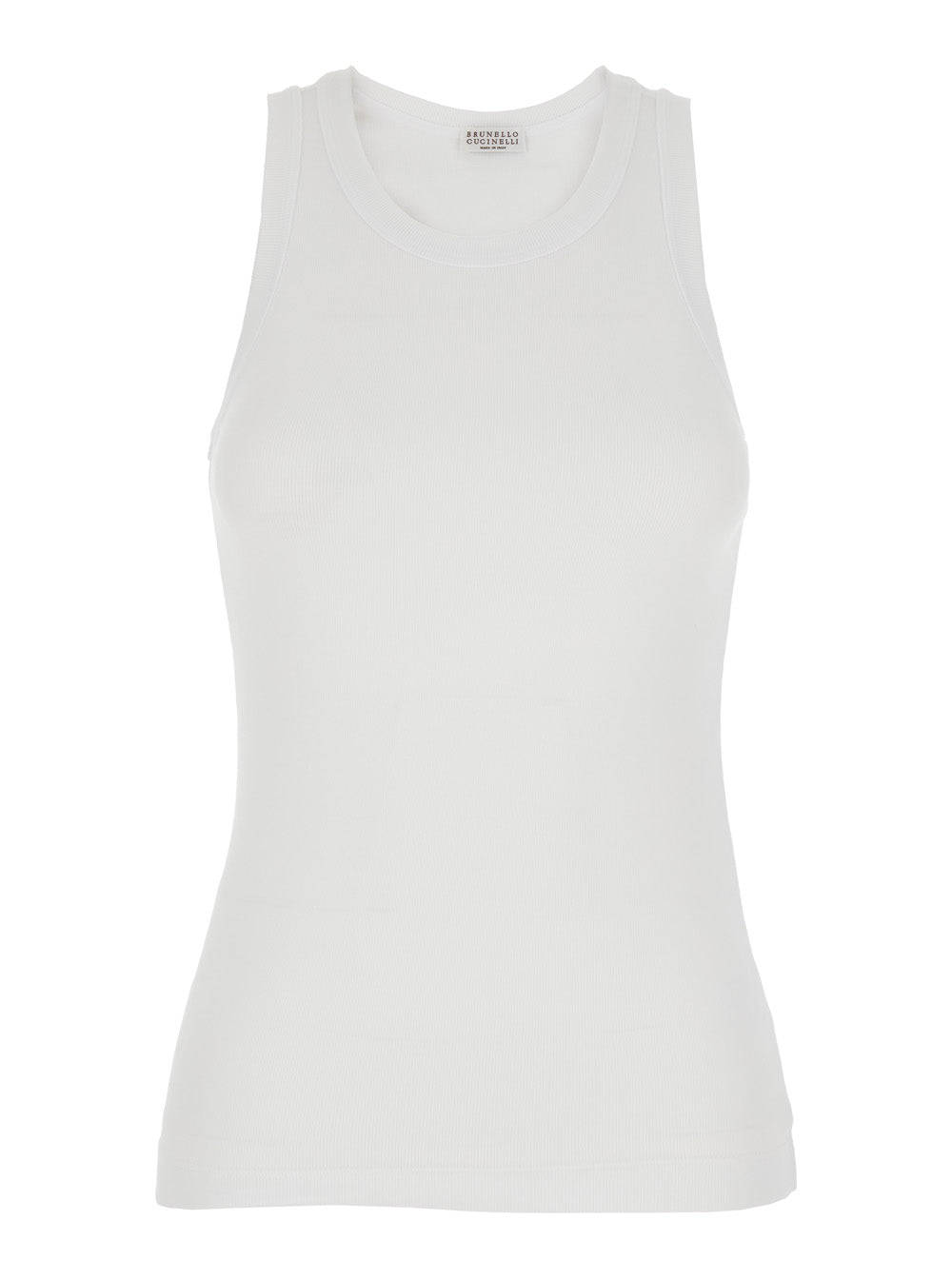 Crew Neck Top with Monile Detail on the Front in White Stretch Cotton for Women Elastane Tops