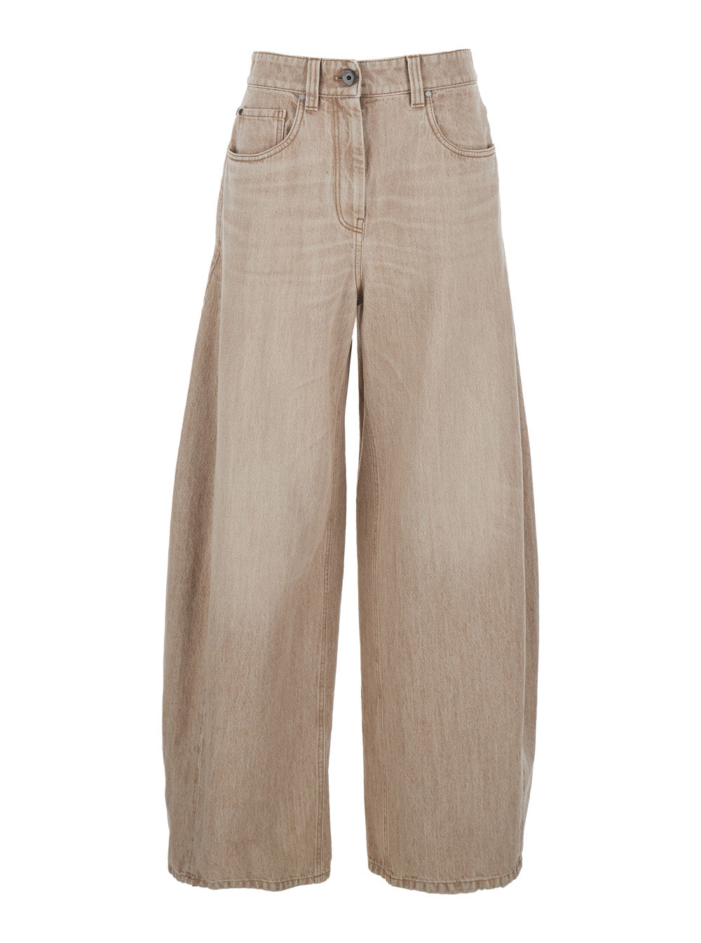 Beige Denim Five-Pocket Design Jeans with Logo Patch on the Back for Women Cotton