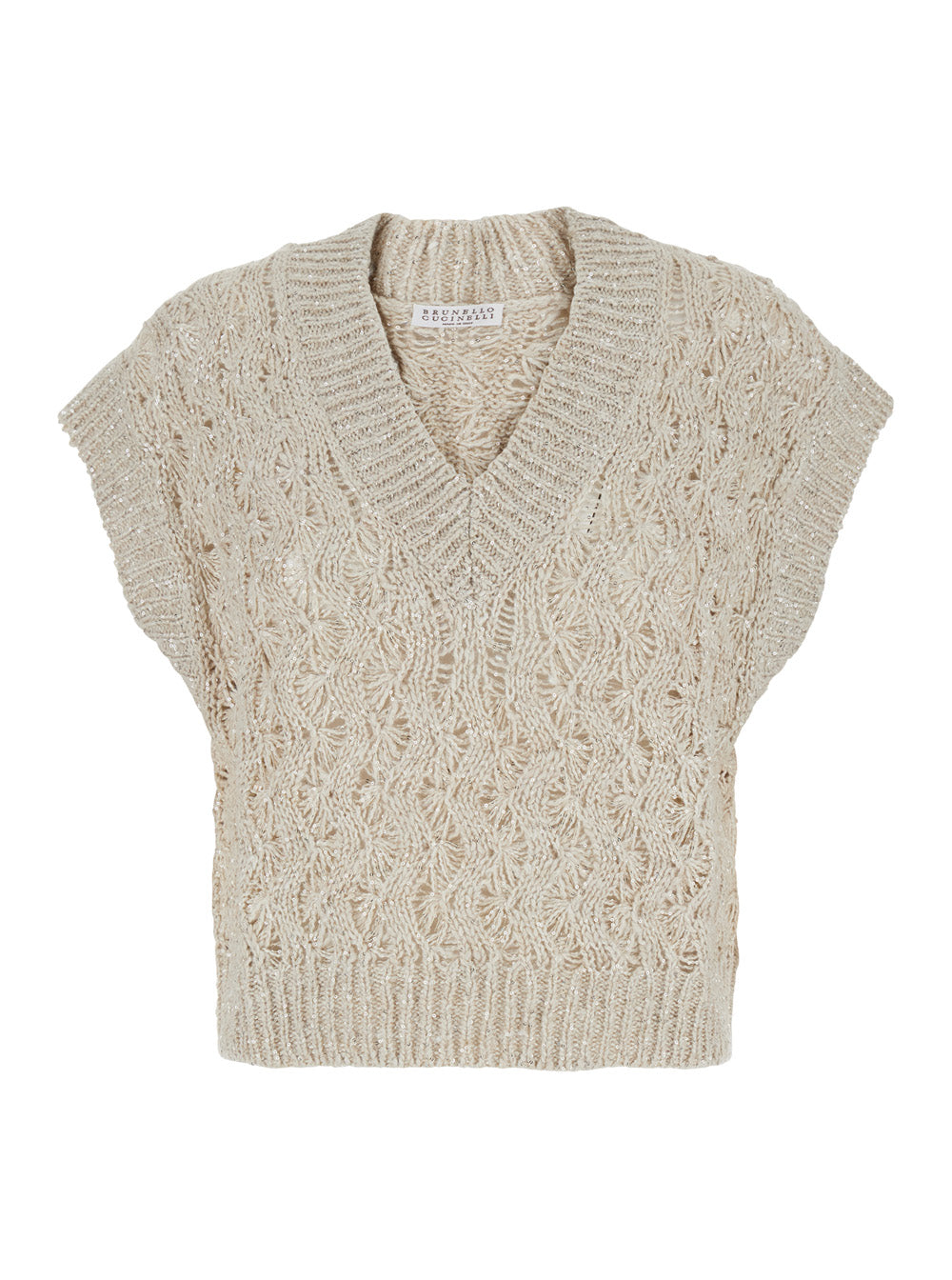 Beige Vest with V-neck and Sequin Detail in Silk Linen Blend for Women Jersey