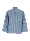 Oversized Shirt with Monile Detail on the Collar and All-Over Striped Motif in Blue Cotton for Women Blu Blouses