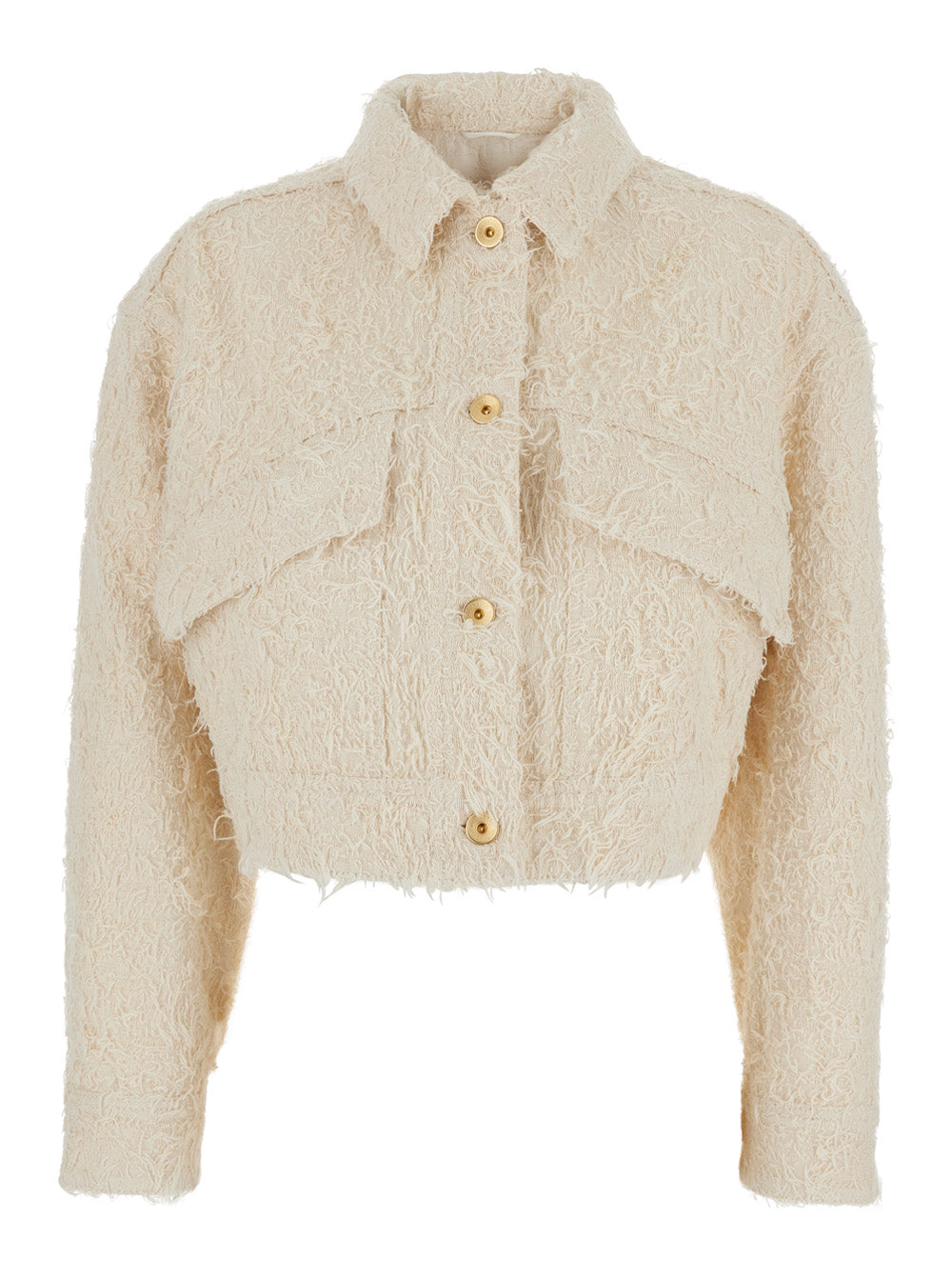 White Jacket with classic collar and all-over frayed details in cotton for women Outerwear
