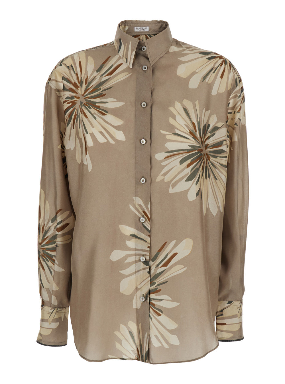 Beige Shirt with All-Over Print in Silk Woman And Blouses
